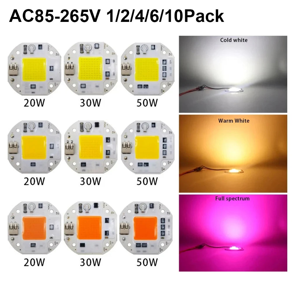 Driverless COB LED Chip Light: 20W 30W 50W, Full Spectrum, LED Bulbs, High Power 3000K 6500K Floodlight, Smart IC.