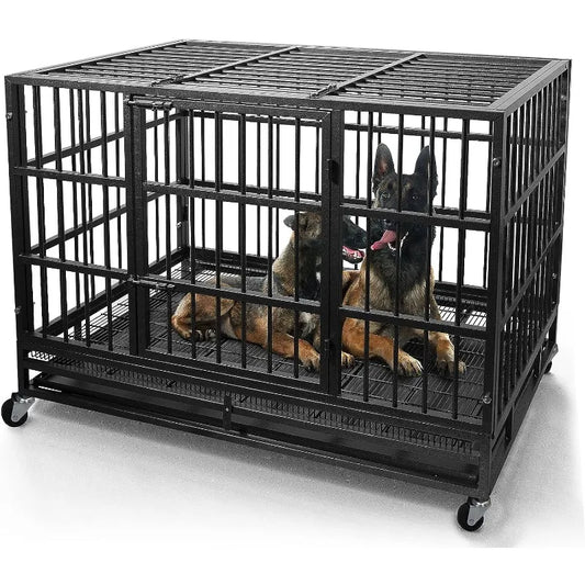 LARGE BREED 48/38 Inch Heavy Duty Dog Crate Cage Kennel with Wheels: High Anxiety Indestructible, Sturdy Lock Design