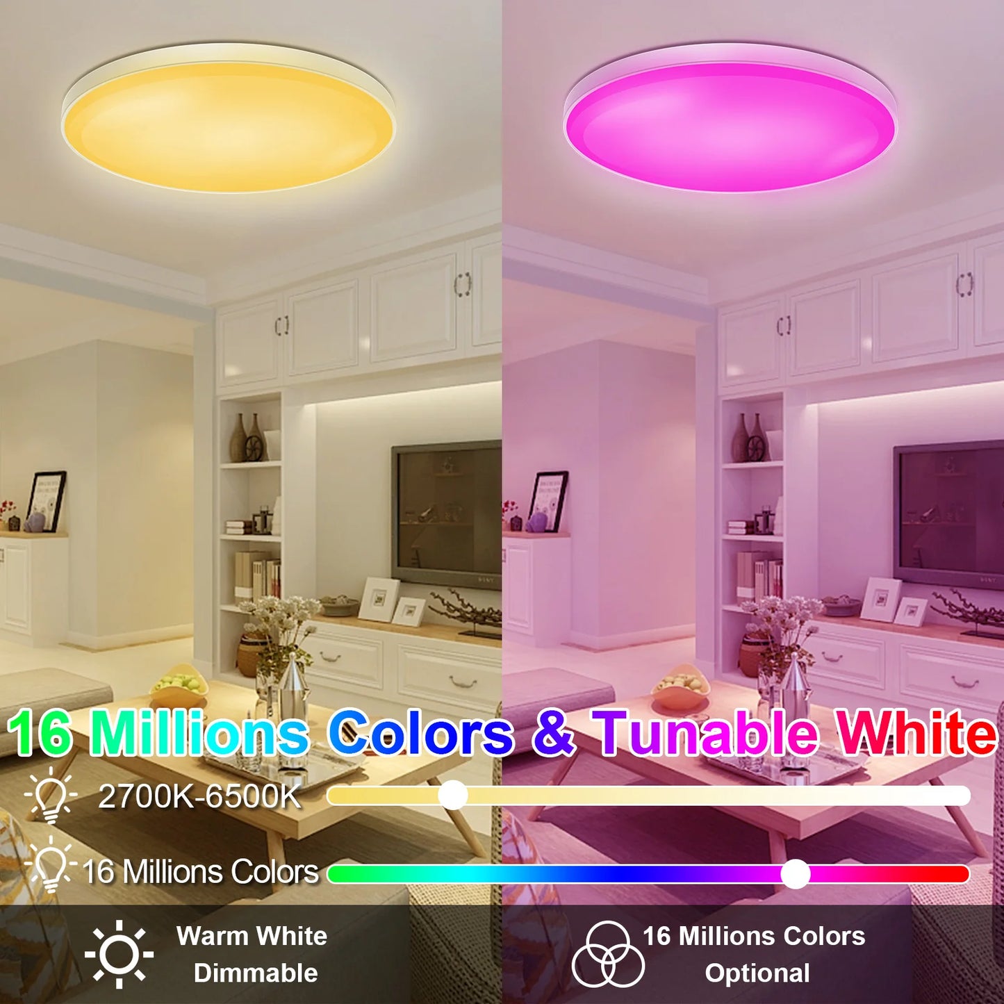 RGB+CCT Smart LED Ceiling Light: 30W, WiFi, Flush Mount Ceiling Lamp, 110V 220V, Dimmable, Color Changing, Programmable, Low Profile.