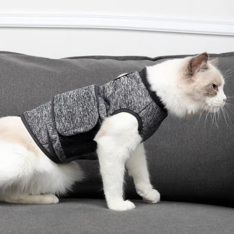 FELINE THUNDER JACKET:  Helps to relieve Stress and Anxiety encountered in unusual and abnormal situations and conditions. Jacket provides a SNUG HUG to your cat, just the thing to help keep them calm.