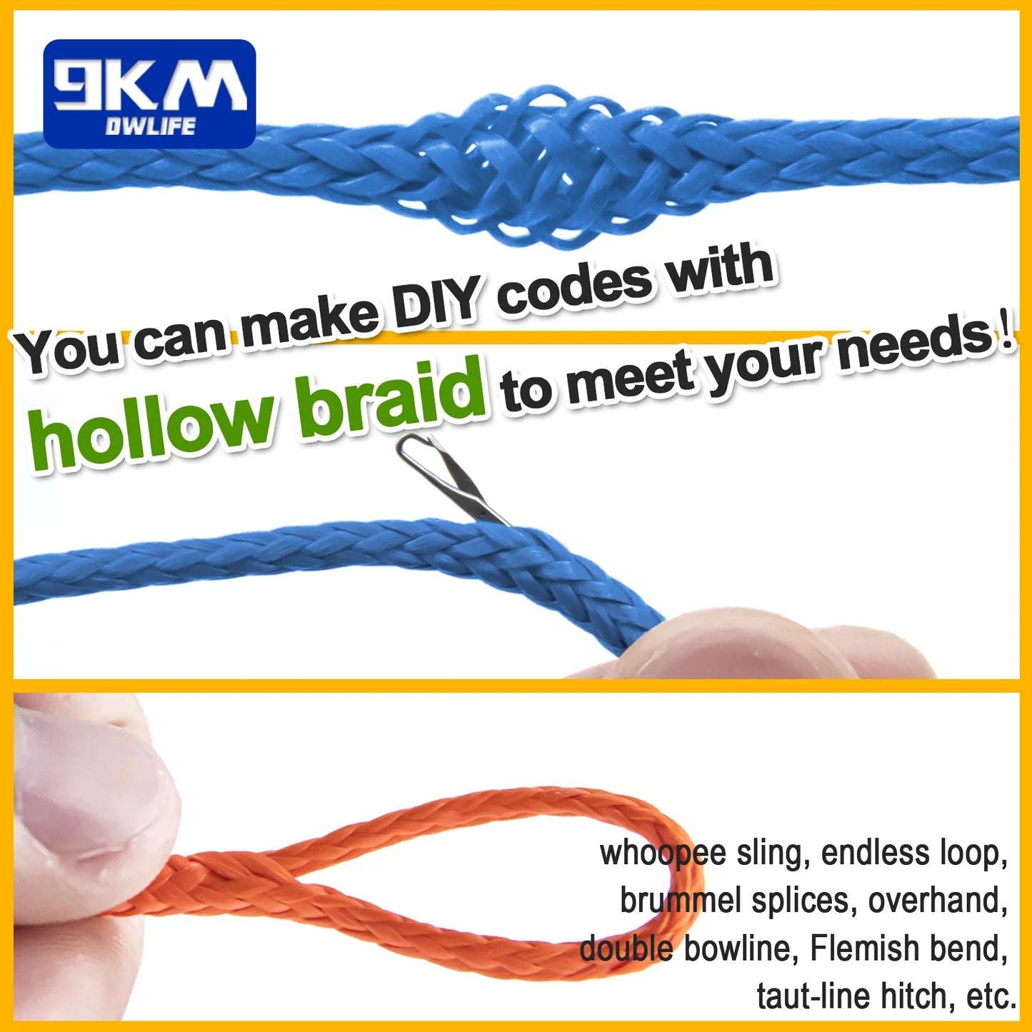 9KM UHMWPE Cord 0.8~1.6mm Hollow Braided Rope : Hammock, Tarp Ridgeline, Tent Rope, Kite Line, Fishing, Climbing, Camping, Kayak, Sailboat 100~750lb SWL. STRONGER THAN STEEL. CAN'T HAVE TOO MUCH!