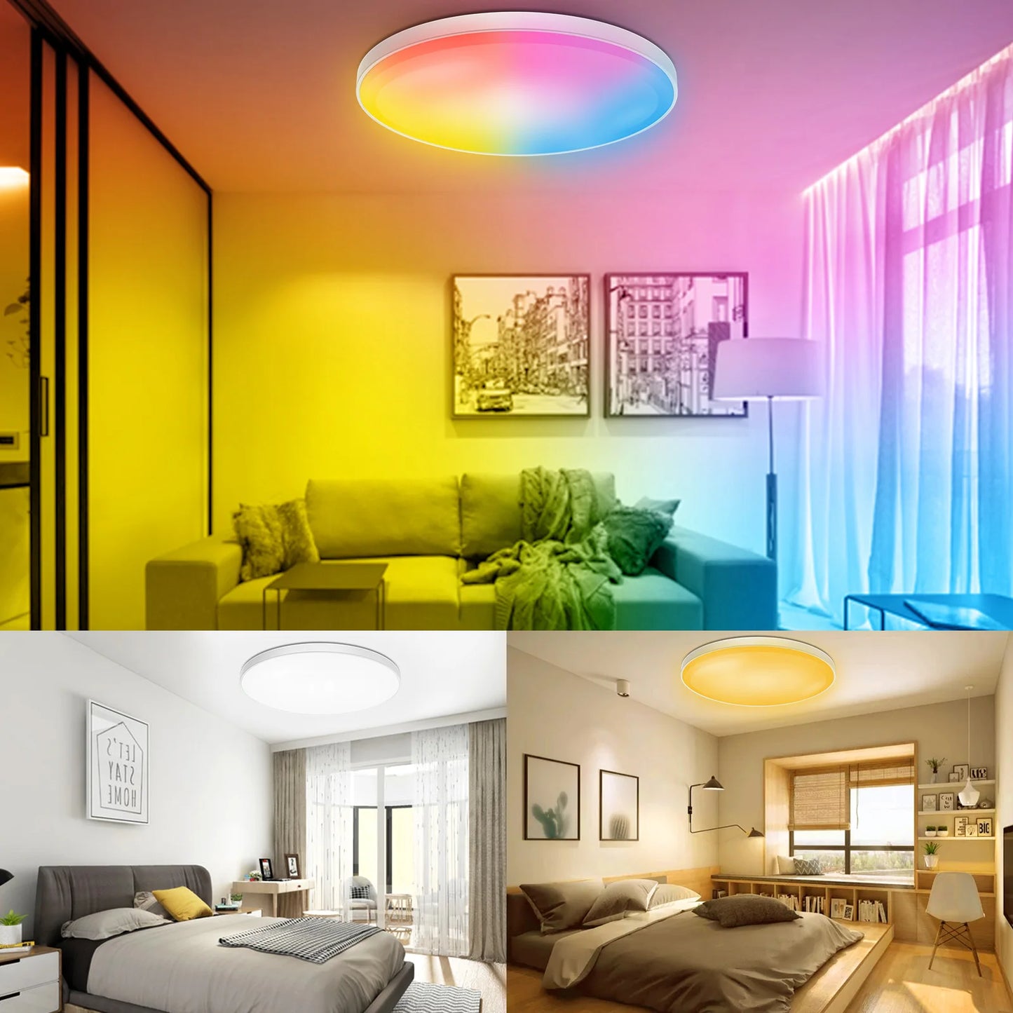 RGB+CCT Smart LED Ceiling Light: 30W, WiFi, Flush Mount Ceiling Lamp, 110V 220V, Dimmable, Color Changing, Programmable, Low Profile.