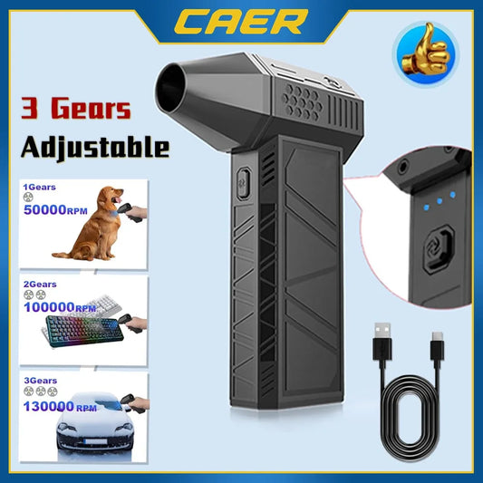 CAER Mini Turbo Jet Fan Electric Air Duster: 3 Speed Adjustable, Max 130000 RPM, Wind Speed 52m/s. For Car, Computer, Any Pinpoint  Cleaning  Requirements, Rechargeable Blower Tool.