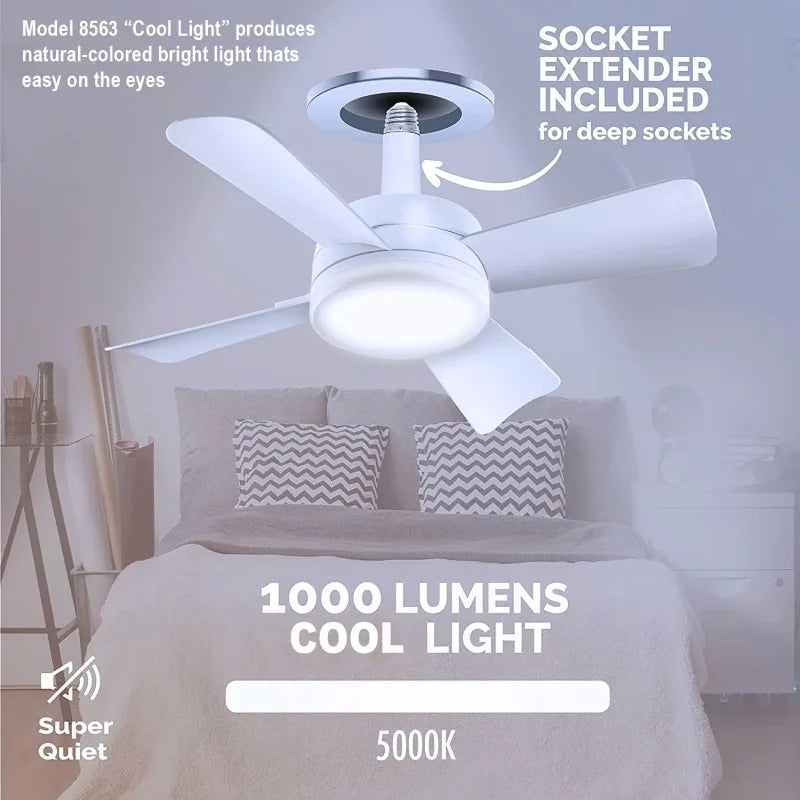 30W Ceiling Fan Led Light :E27 Socket Fan With Smart Remote Control, 1000Lm 5000K Bulb, Fan Lamp For Bedroom, Living Room, Anyroom. Supplied with socket extender for Recessed Ceiling Fixture installation.