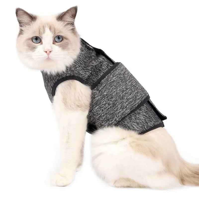 FELINE THUNDER JACKET:  Helps to relieve Stress and Anxiety encountered in unusual and abnormal situations and conditions. Jacket provides a SNUG HUG to your cat, just the thing to help keep them calm.