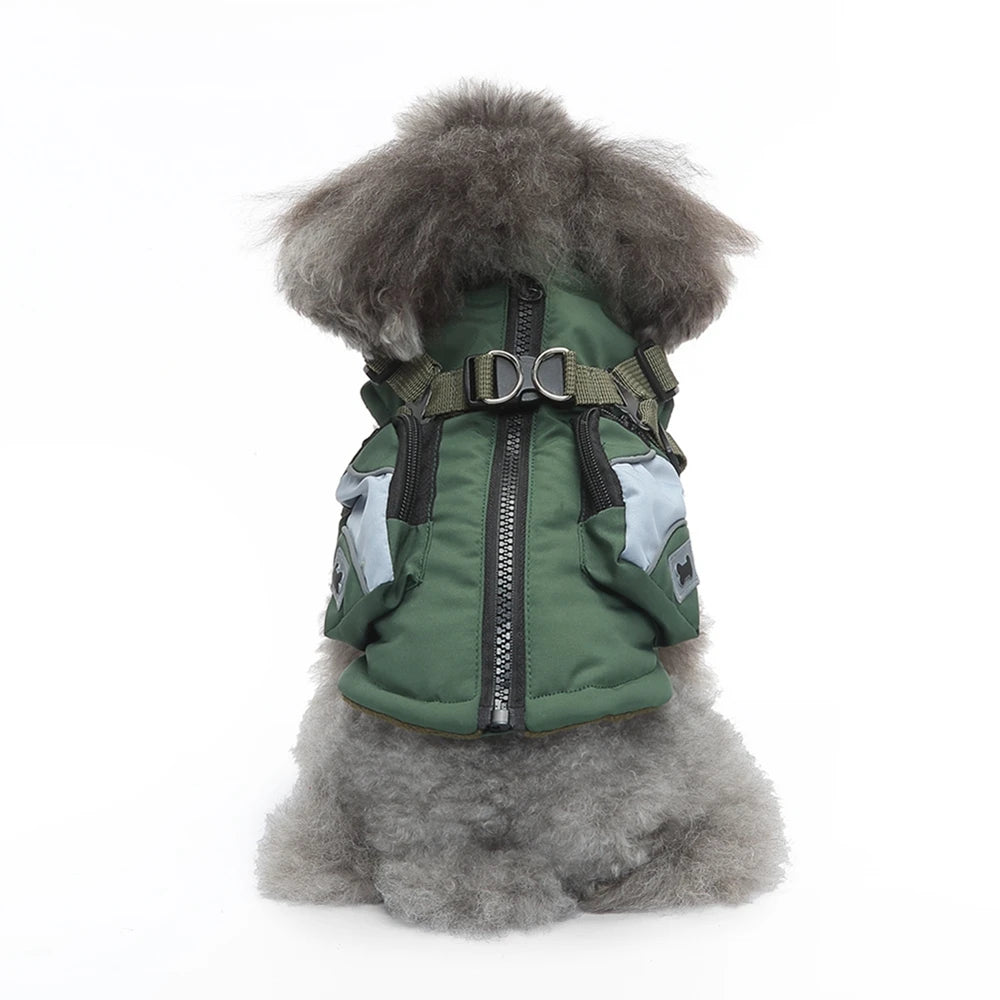 DOG JACKET w/ INTEGRAL HARNESS: For Small to Mid SIze, Cool and cold weather protection, Insulated and Windproof, Water resistant shell. Built in Harness.