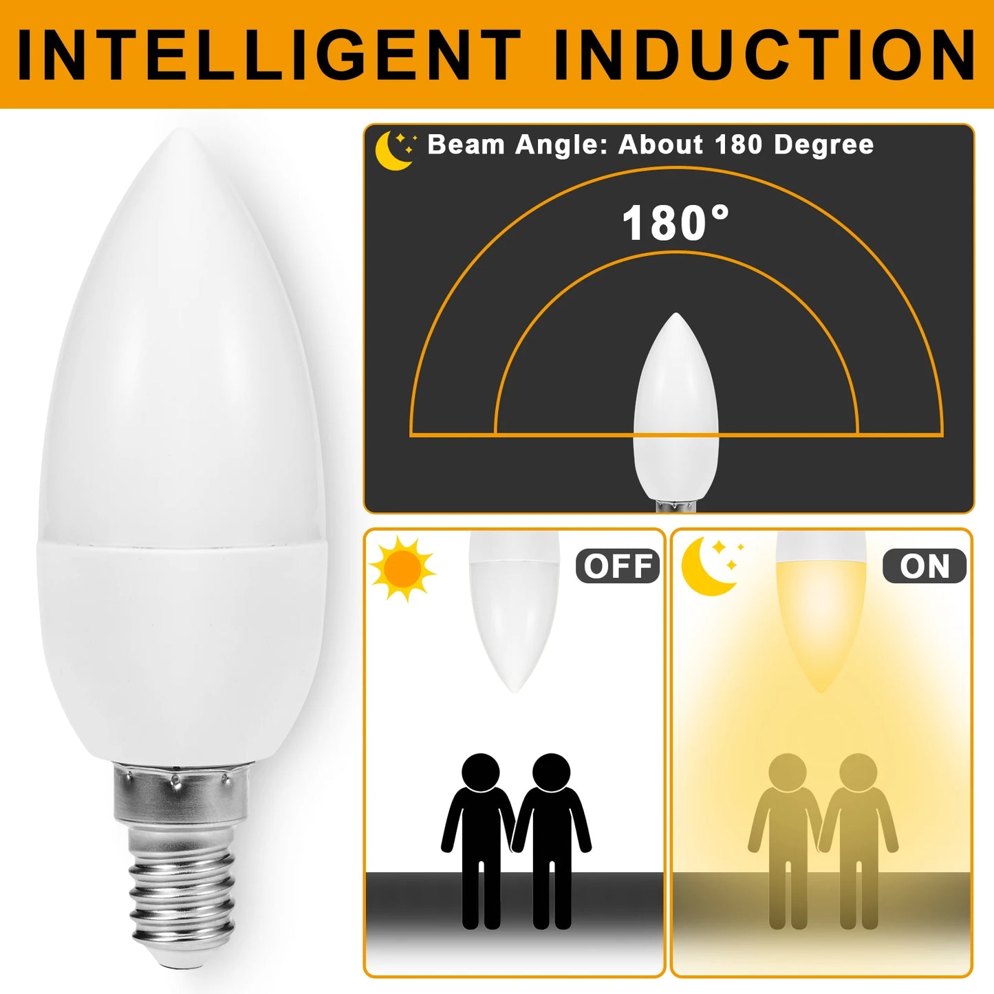 Dusk to Dawn Decorative Light Bulbs: E14 (candelabra)/E27(edison) Screw Base, 60W Equivalent, Smart Sensor, Automatic Indoor/Outdoor Lamp. Ideal for Exterior Wall Fixtures.