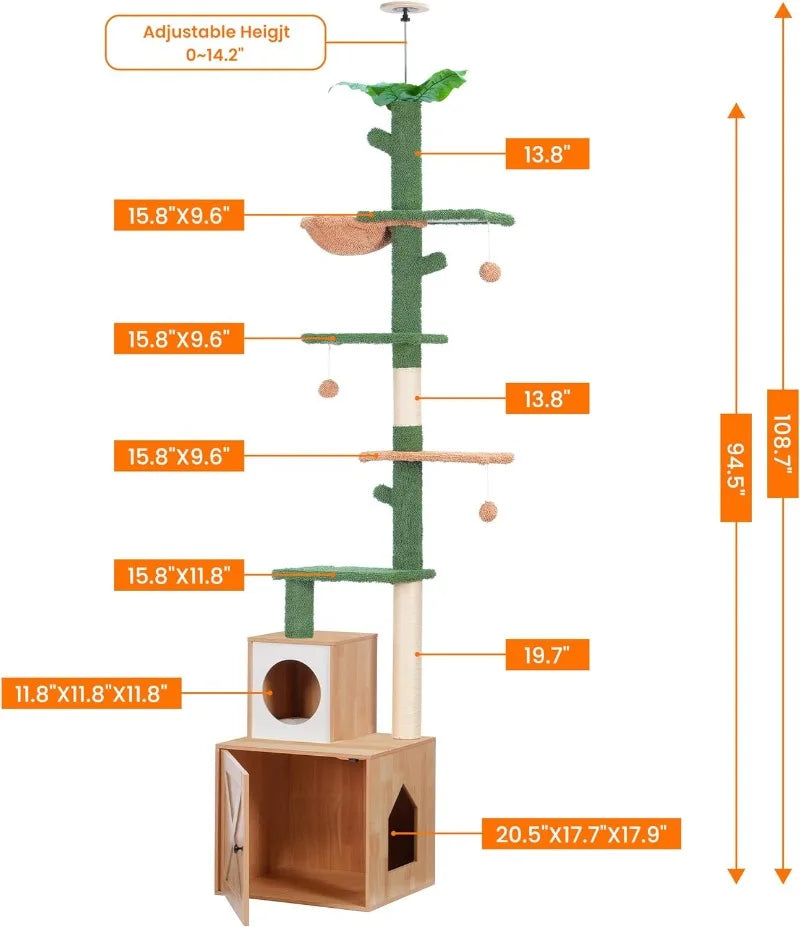 Hebly Cat Tree w/ Wood Litter Box Enclosure: Cat Condo, Climbing Tower, Adjustable 95-109 Inches w/ Basket and Scratching Posts