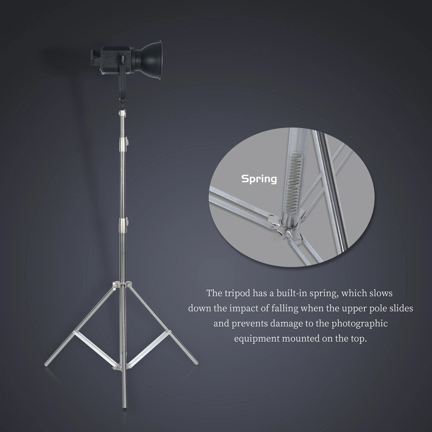 280cm Stainless Steel "Baby" Light Stand: 9' Reach, 22lb Cap., Foldable Tripod Base. Studio& Location Use.