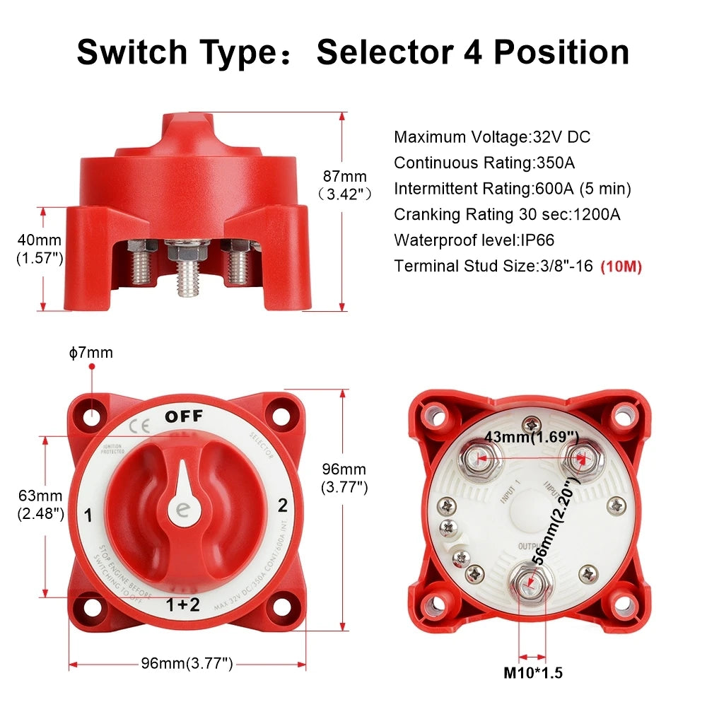 New 4 Position Battery Disconnect Switches AFD 32V 350A Luminous Isolator Disconnect Rotary Switch for Boat, Truck, RV, Off grid.