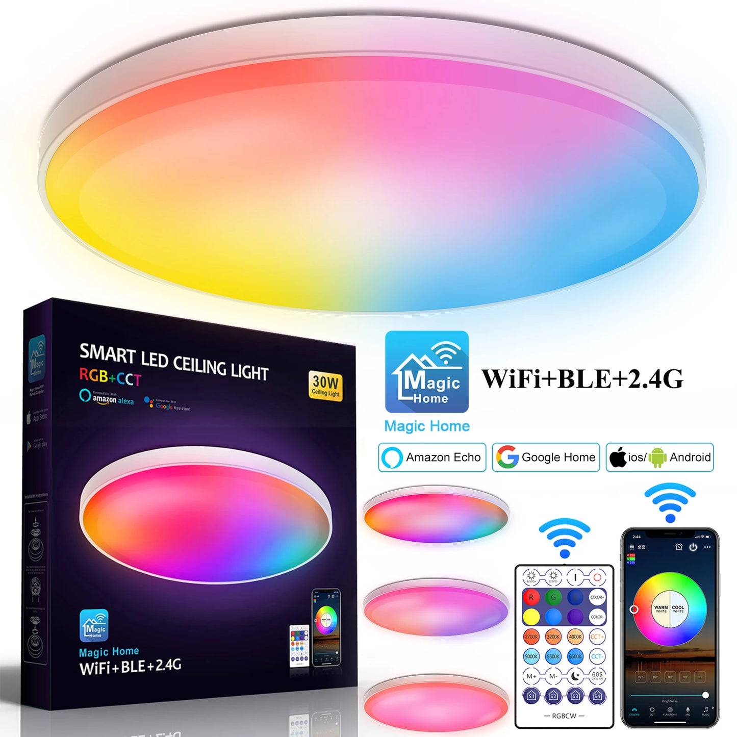 RGB+CCT Smart LED Ceiling Light: 30W, WiFi, Flush Mount Ceiling Lamp, 110V 220V, Dimmable, Color Changing, Programmable, Low Profile.