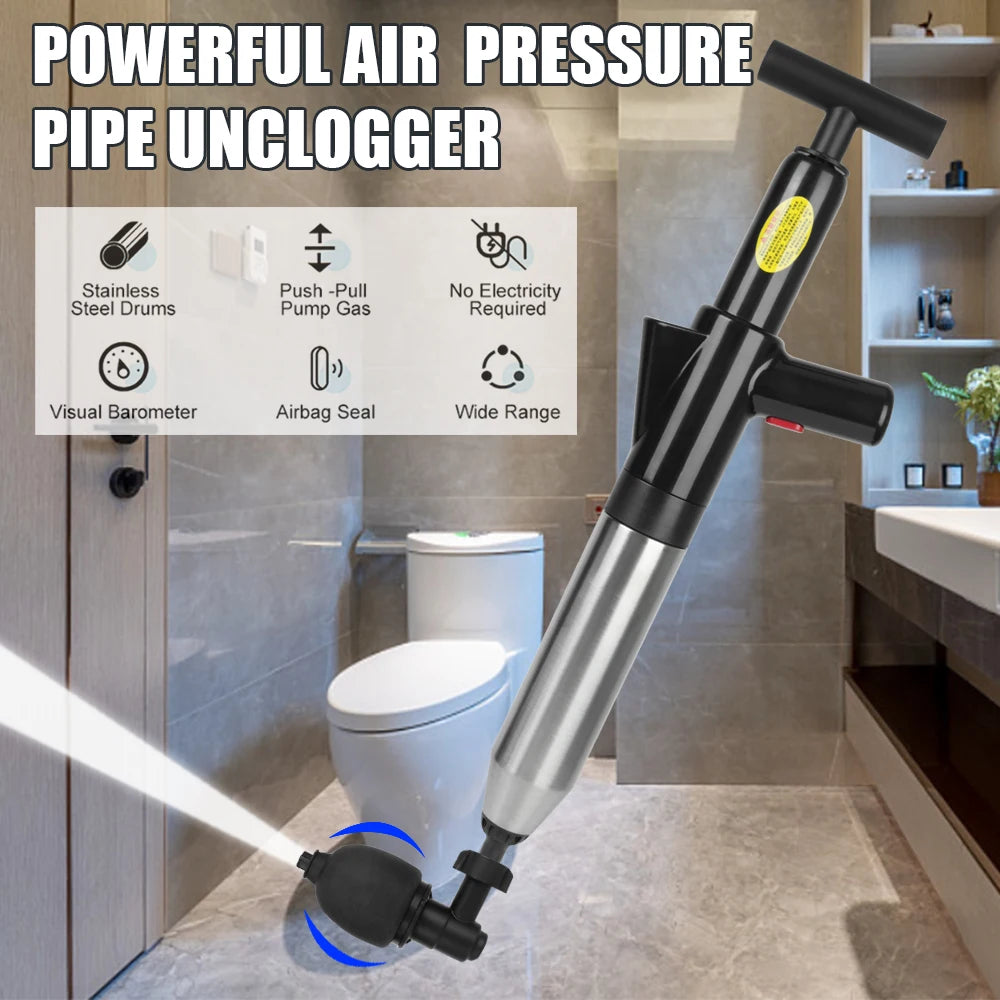 Pneumatic Toilet / Drain Clog Remover: High Pressure Drain Plunger, Clog Remover, Sewer Pipe Unblocker, Air Drain Blaster.