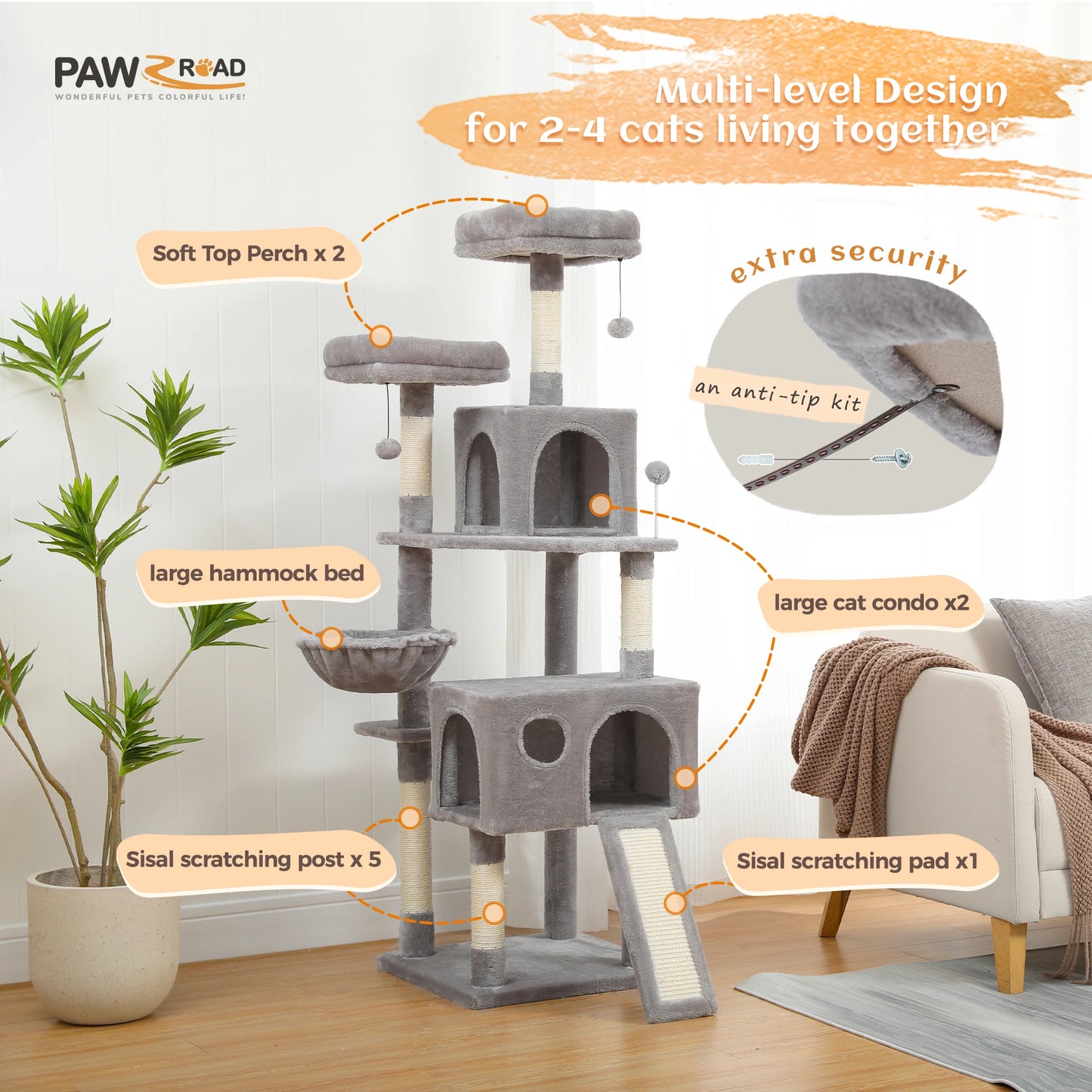 Multi-Level Cat Tree With Cozy Perches: Stable Cat Climbing Frame, Scratching, Board Toys.