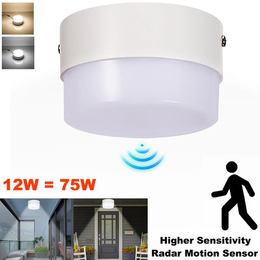 INDOOR/OUTDOOR SECURITY FIXTURE: Radar Motion Sensor, LED Ceiling Lights 12W, Indoor Outdoor Downlight Energy Saving Flood Light . Ideal for Hallway, Breezeway, Carport, Entryway.