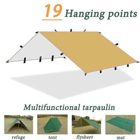 waterproof canvas multifunctional shelter: 19 suspension points,  9.85ft x 13.15ft  Rainfly.  Adaptable to any outdoor situation, overhead or underfoot.