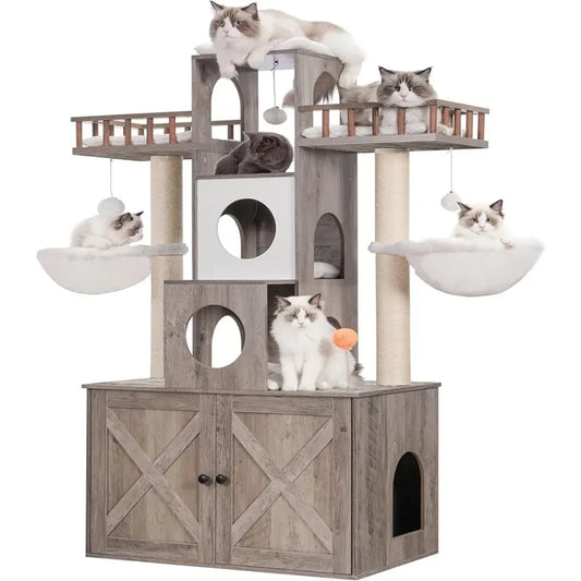 Indoor Big Cat Tower for Larger Cats up to 20 Lbs:  Heavy Duty Combi Cat Condo, Eat, Sleep, Play, Relief, All IN One Place.