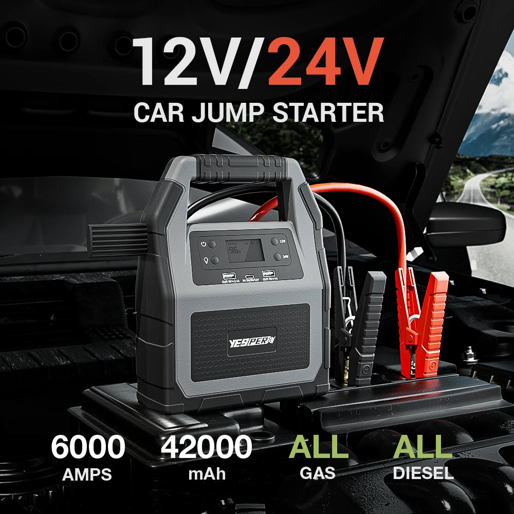 6000A 24V/12V Start Power Bank: 42000mAh Jump Starter,. Will Start ANY DIesel or Gas Vehicle Engine.