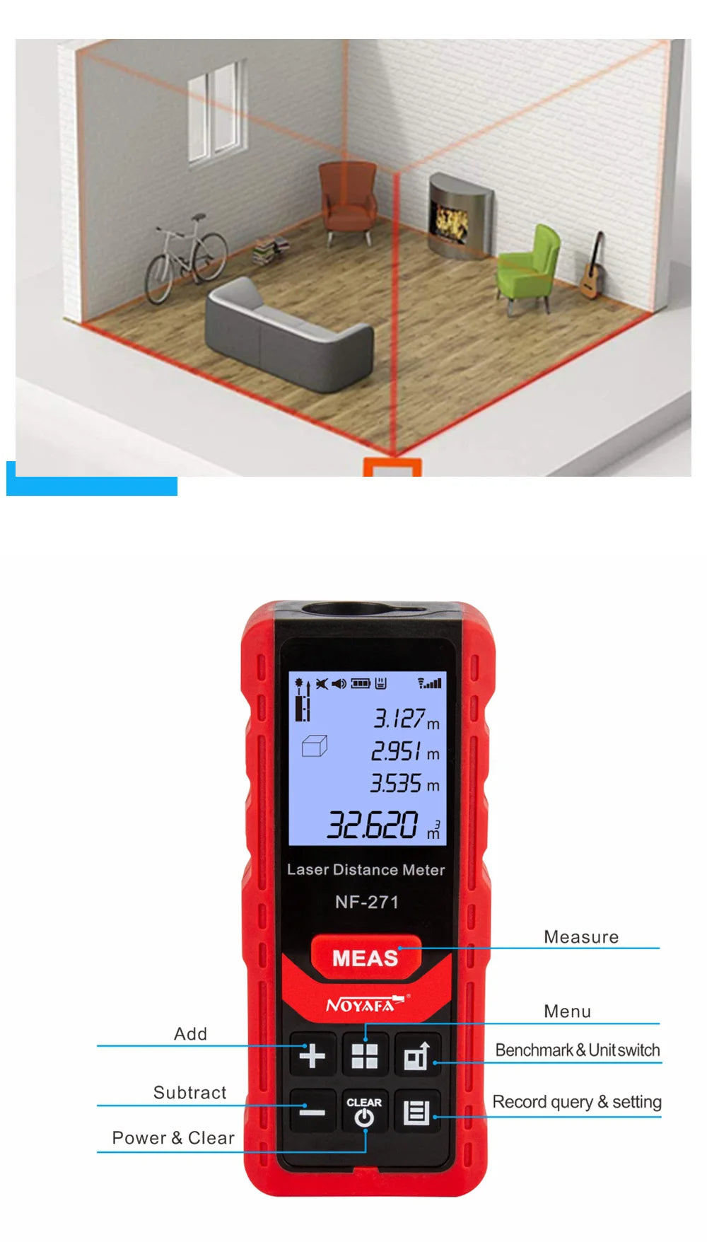 NF-271 Laser Measurement Device: 40M/80M Rangefinder, Calculates Distance, Area & Volume. Digital Ruler,Geometric Calculator Tool.