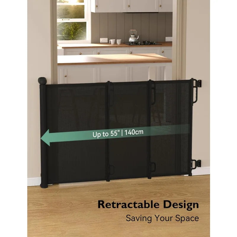 Auto Lock Retractable Baby Gate or Dog Gate: 33” Tall, Extends to 55” Wide, Mesh Safety Baby Gate for Stairs