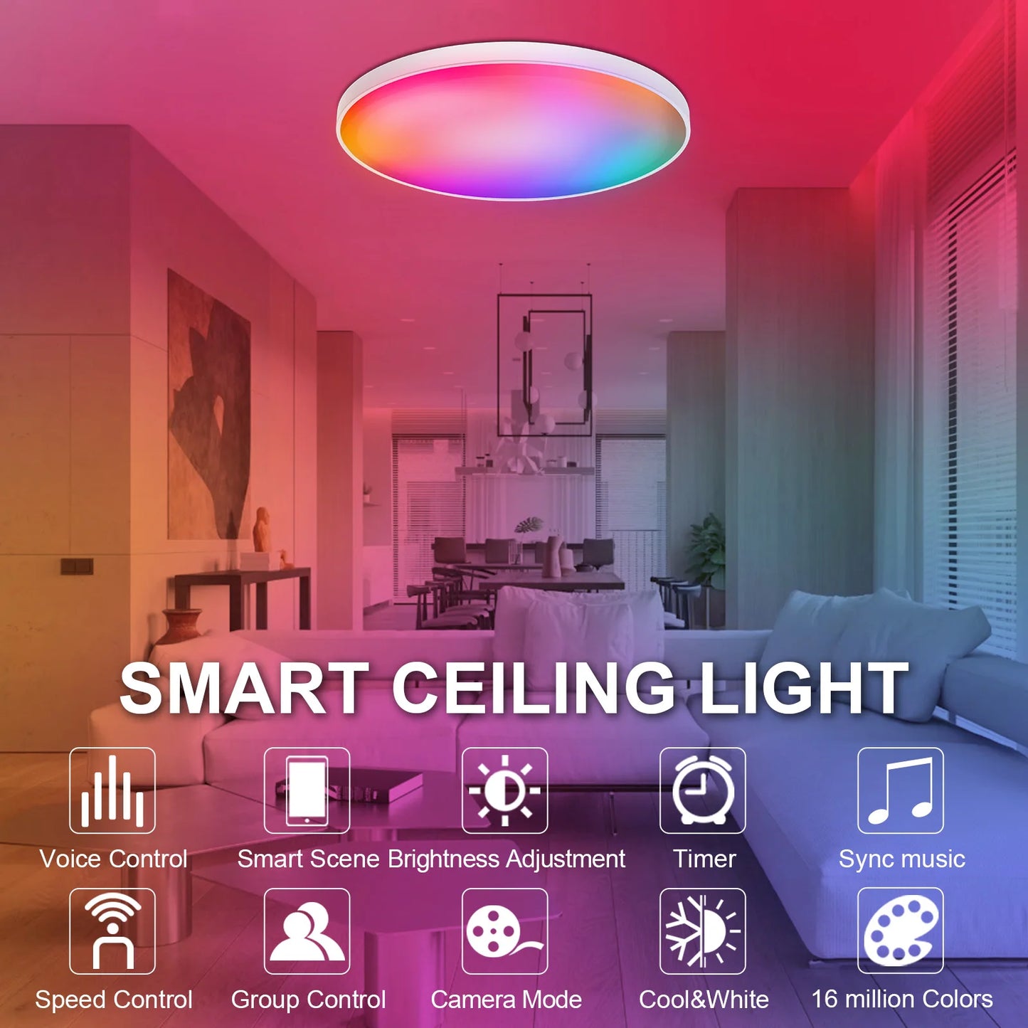 RGB+CCT Smart LED Ceiling Light: 30W, WiFi, Flush Mount Ceiling Lamp, 110V 220V, Dimmable, Color Changing, Programmable, Low Profile.