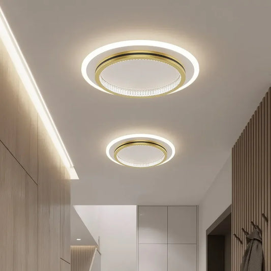 Modern LED Ceiling Light: Luxury Nordic Creative Geometry Lamp, Home Indoor Decor for Bedroom, Foyer, Aisle, Corridor Fixture. Square or Round, Blk, Wht, Gold Trim.