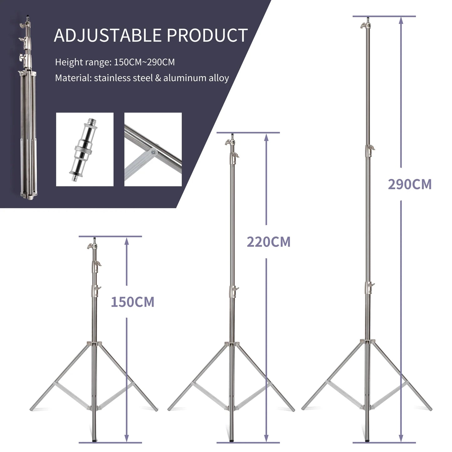 280cm Stainless Steel "Baby" Light Stand: 9' Reach, 22lb Cap., Foldable Tripod Base. Studio& Location Use.