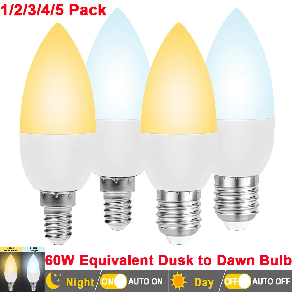 Dusk to Dawn Decorative Light Bulbs: E14 (candelabra)/E27(edison) Screw Base, 60W Equivalent, Smart Sensor, Automatic Indoor/Outdoor Lamp. Ideal for Exterior Wall Fixtures.