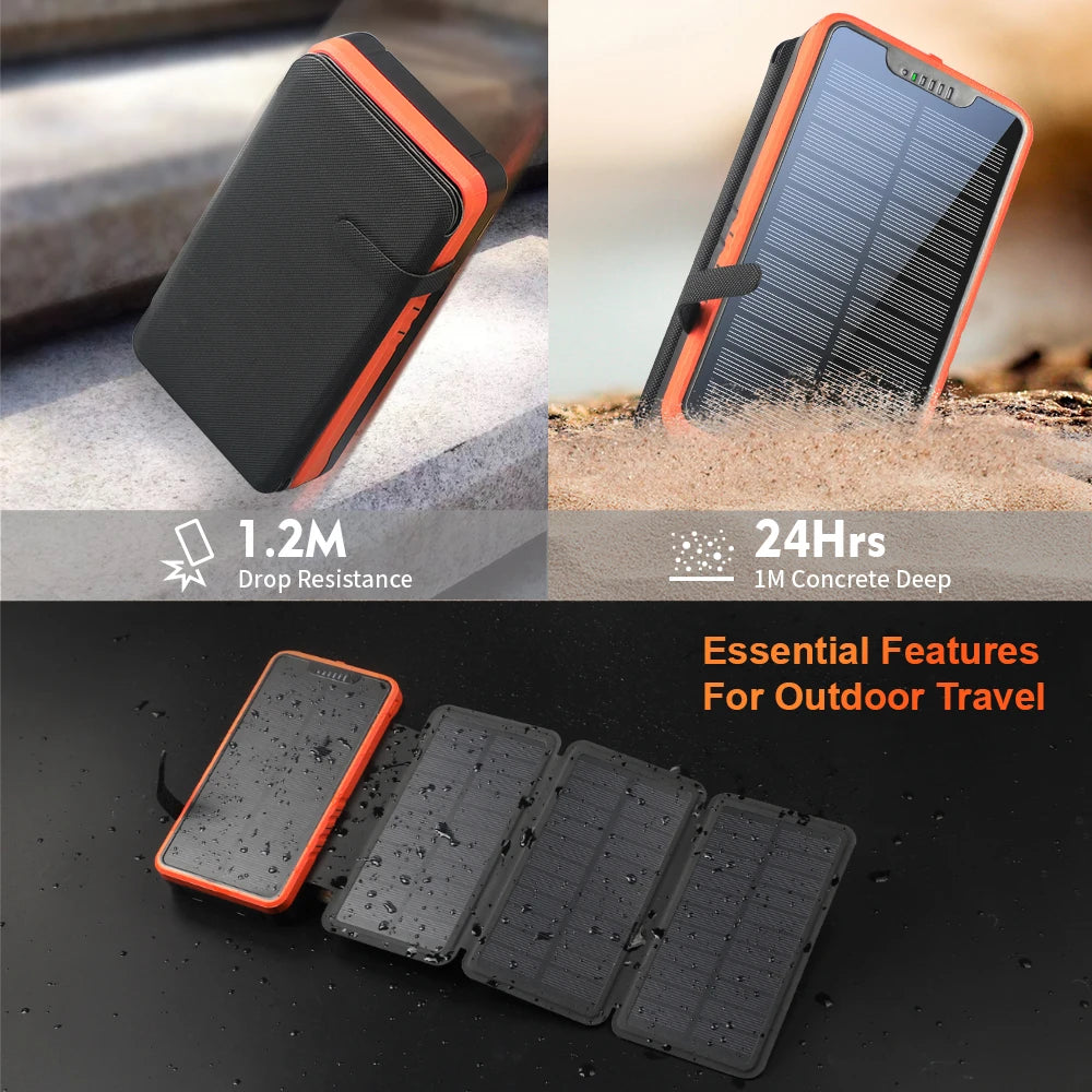 20000mAh power bank with 4 folding solar panels, dual USB outputs, built-in flashlight, suitable for Android and Apple phones