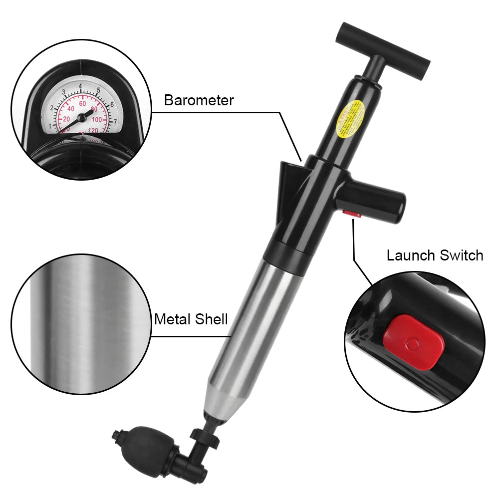 Pneumatic Toilet / Drain Clog Remover: High Pressure Drain Plunger, Clog Remover, Sewer Pipe Unblocker, Air Drain Blaster.