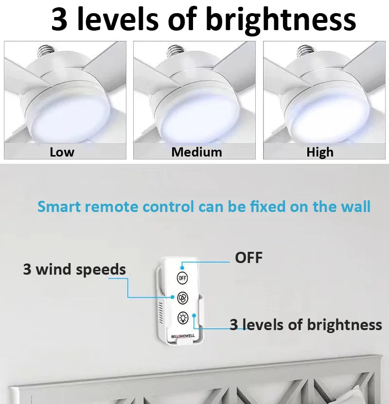 30W Ceiling Fan Led Light :E27 Socket Fan With Smart Remote Control, 1000Lm 5000K Bulb, Fan Lamp For Bedroom, Living Room, Anyroom. Supplied with socket extender for Recessed Ceiling Fixture installation.