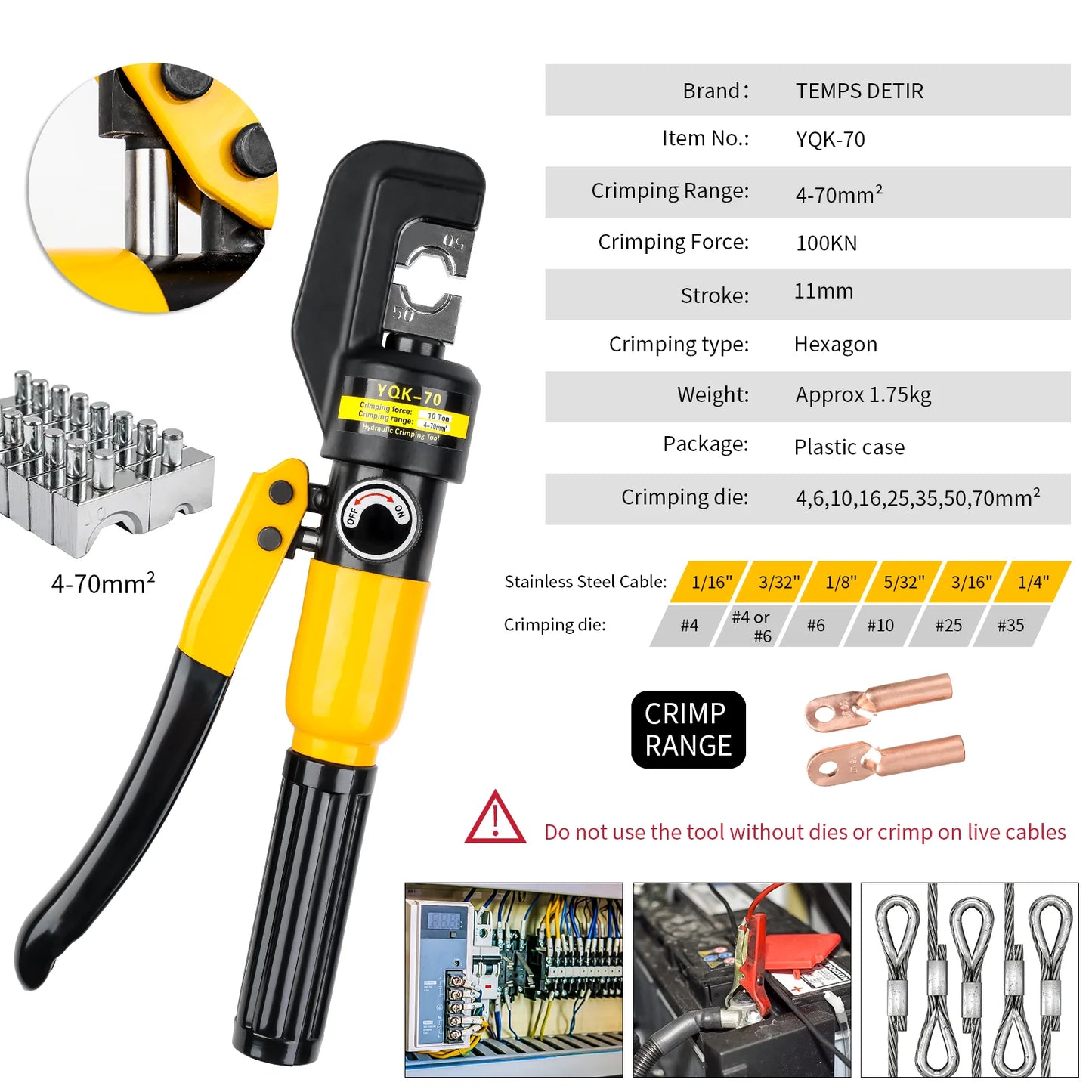 4,6,10,16,25,35,50,70mm² Home Hydraulic Crimping Tool: DIY Cable Wiring Crimping Plier, Manual Hydraulic Press