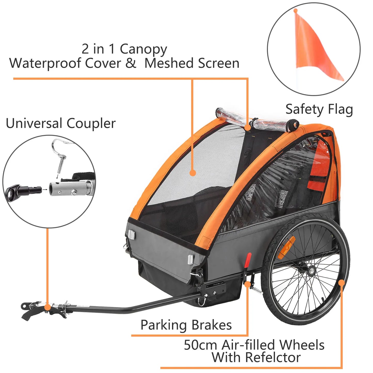 Fiximaster 2 Seat Kids Bicycle Trailer: Safety Quick Attach to Bike with 5-Point Harness and Storage Bags Suitable for 2 Kids