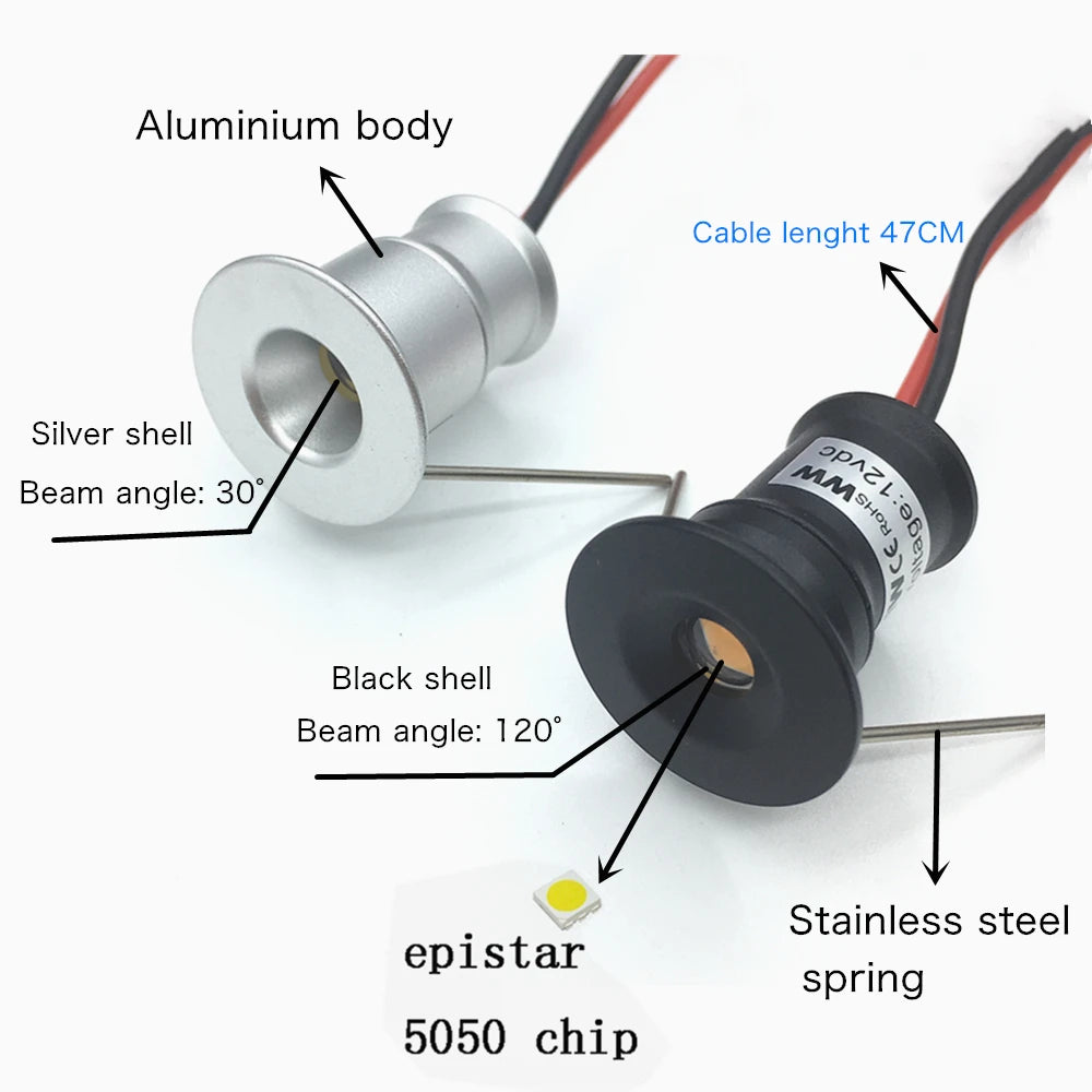 Mini LED Downlight/Accent Light: 12V, 15mm, Recessed Fixture.Available in Spot & Flood, Silver, White or Black Trim. Outdoor IP65, with Transformer 110-220V.
Various color temperature & RGB options.