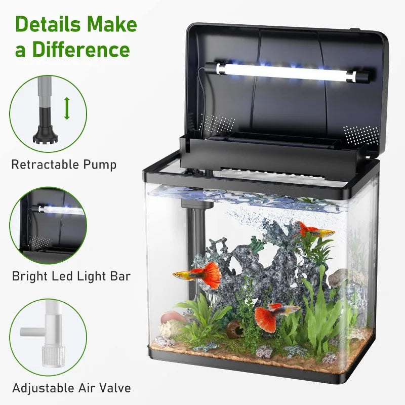 Betta Fish Starter Kit: Glass Aquarium with Air Pump, LED Cool Lights. 3 sizes (1.7gal,3gal,5gal) Tabletop Small Fish Habitat