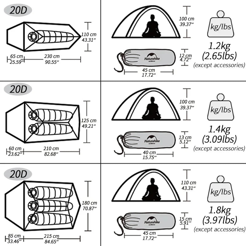 Naturehike 1 2 3 Person Ultralight 20D Camping /Hiking / Backpacking / Cycling Tent