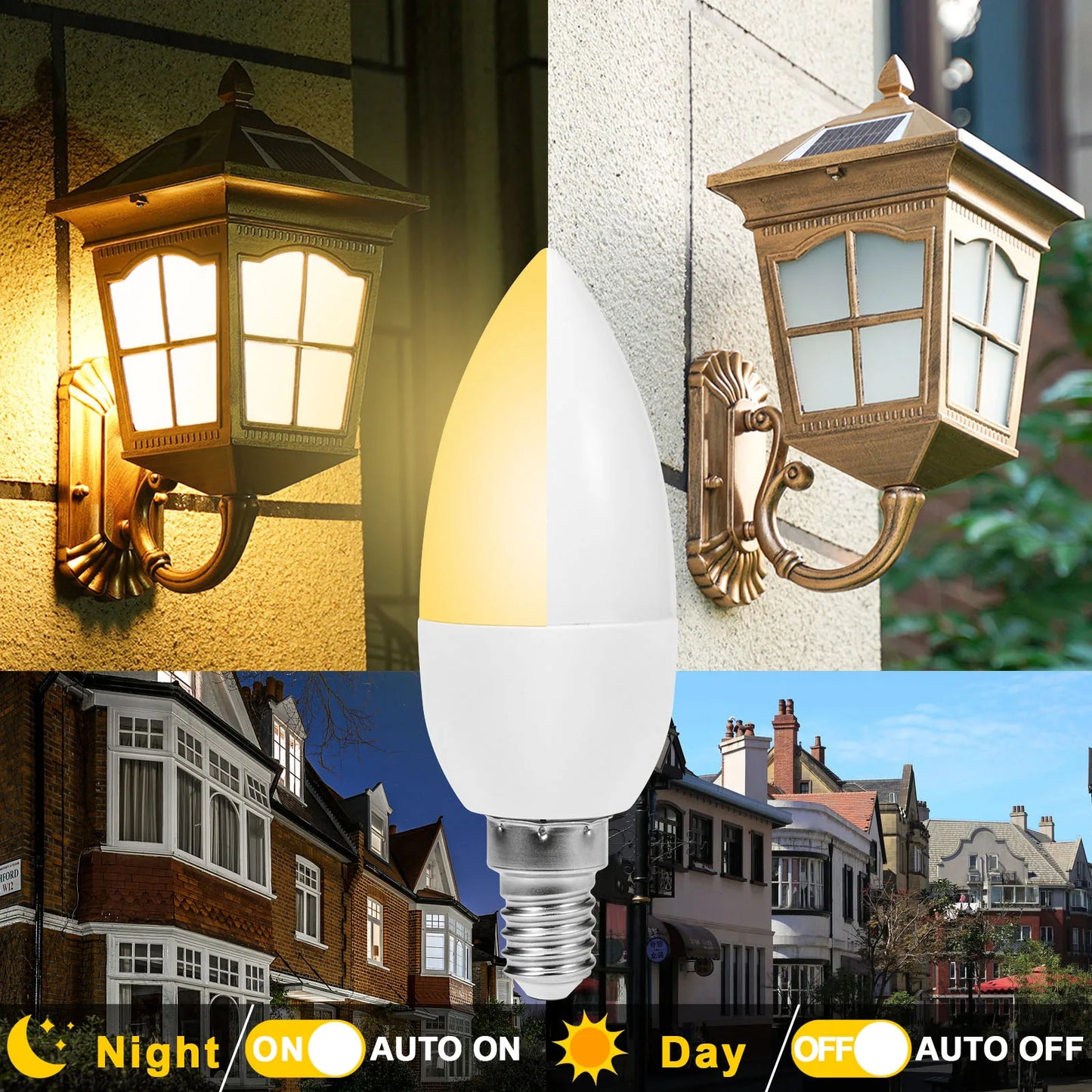 Dusk to Dawn Decorative Light Bulbs: E14 (candelabra)/E27(edison) Screw Base, 60W Equivalent, Smart Sensor, Automatic Indoor/Outdoor Lamp. Ideal for Exterior Wall Fixtures.