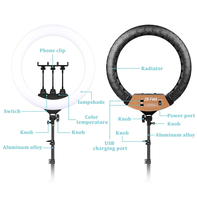 22" LED Light Rings: 3200-6500K Variable Color Temperature, 0-100% Brightness, 2M Power Cable. Ideal Lamp For Make Up/Photo Shooting. Excellent Area Work Light.